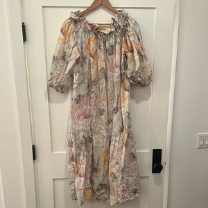 H&M Pink and Orange Ruched floral Ruffled Midi Sundress. Mumu vibes
